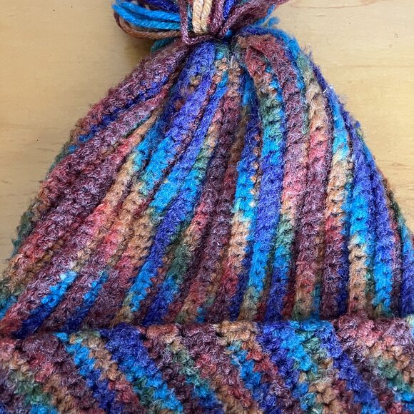 Artisan Handmade Ribbed Pom Pom Hat – Vibrant Self-Striping Yarn OS - Picture 7 of 7